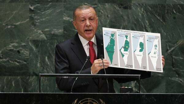 Turkey's President Recep Tayyip Erdogan holds up a map as he addresses the 74th session of the United Nations General Assembly at U.N. headquarters in New York City, New York, U.S., September 24, 2019 - Sputnik International