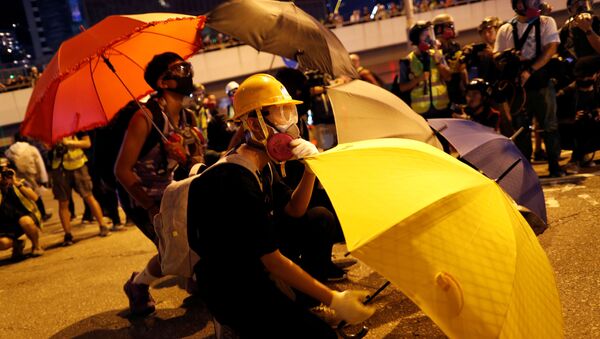 An anti-government protester shelters behind an umbrella as he attends a rally outside the Legislative Council building in Hong Kong, China 28 September 2019.  - Sputnik International
