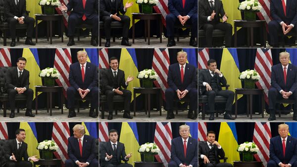 This combination of pictures created on 26 September 2019 shows US President Donald Trump speaking with Ukrainian President Volodymyr Zelensky on during a meeting in New York on 25 September 2019, on the sidelines of the United Nations General Assembly - Sputnik International