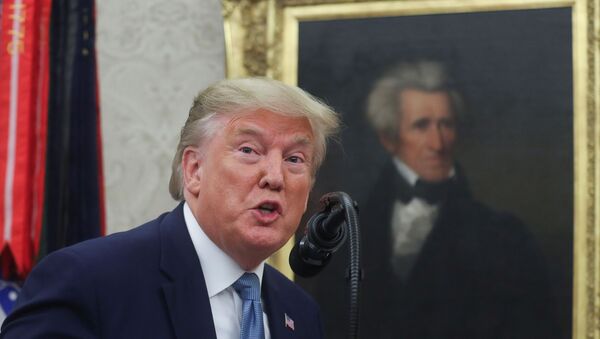 With a portrait of former U.S. President Andrew Jackson hanging in the background, U.S. President Donald Trump speaks as he awards the  Presidential Medal of Freedom to former Attorney General Edwin Meese in the Oval Office of the White House in Washington, October 8, 2019. - Sputnik International
