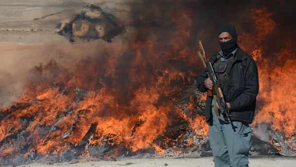 This photo taken on December 19, 2012 shows an Afghan policeman standing guard as a pile of narcotics is burned by officials on the outskirts of Jalalabad Nangarhar province - Sputnik International