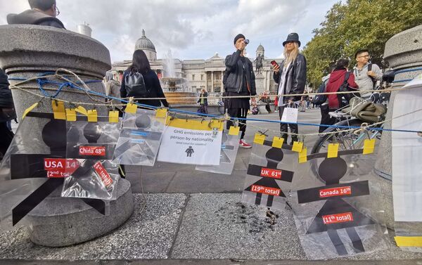 A display of the world's largest polluters can be seen at the XR camp at Trafalgar Square in London, UK - Sputnik International