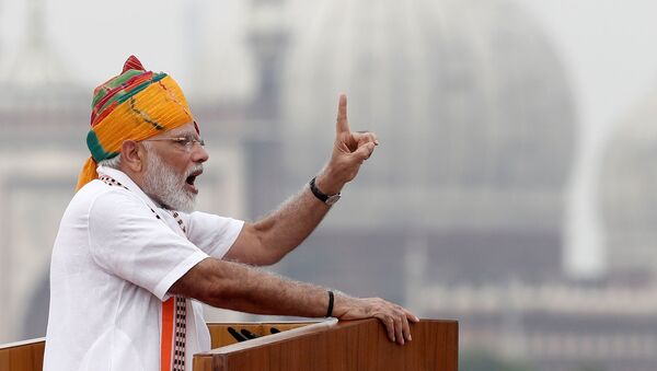Indian Prime Minister Narendra Modi addresses the nation during Independence Day celebrations at the historic Red Fort in Delhi, India, August 15, 2019 - Sputnik International