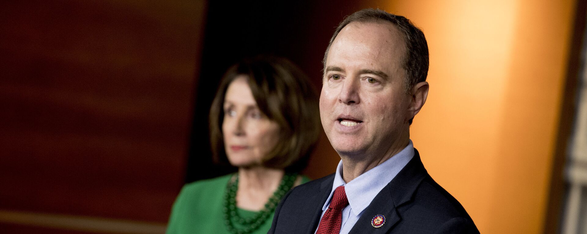 Rep. Adam Schiff, D-Calif., Chairman of the House Intelligence Committee, right, accompanied by House Speaker Nancy Pelosi of Calif., left, speaks about the House impeachment inquiry into President Donald Trump at a news conference on Capitol Hill in Washington - Sputnik International, 1920, 11.06.2021