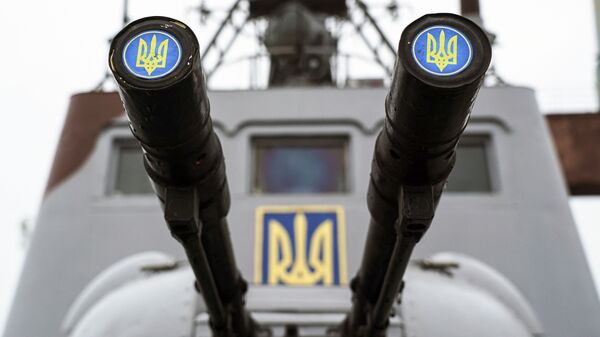Lids emblazoned with a Ukrainian emblem cover the barrels on a gun mount aboard a Ukrainian coast guard ship (File) - Sputnik International