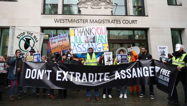 Demonstrators hold banners during a protest outside of Westminster Magistrates Court, where a case management hearing in the U.S. extradition case of WikiLeaks founder Julian Assange is held, in London, Britain, October 21, 2019 - Sputnik International