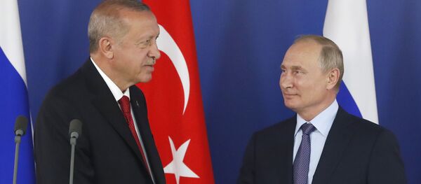 Turkish President Recep Tayyip Erdogan, left, shakes hands with Russian President Vladimir Putin during a joint news conference following their talks on the sidelines of the MAKS-2019 International Aviation and Space Show in Zhukovsky, outside Moscow, Russia, Tuesday, Aug. 27, 2019. Turkish President is on a short working visit in Russia. Turkish President Recep Tayyip Erdogan, left, shakes hands with Russian President Vladimir Putin during a joint news conference following their talks on the sidelines of the MAKS-2019 International Aviation and Space Show in Zhukovsky, outside Moscow, Russia, Tuesday, Aug. 27, 2019. Turkish President is on a short working visit in Russia. - Sputnik International