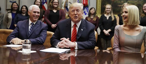 President Donald Trump arrives to speak to NASA astronauts carrying out the first ever all-female spacewalk, during a call from the Roosevelt Room of the White House, Friday, Oct. 18, 2019, in Washington - Sputnik International