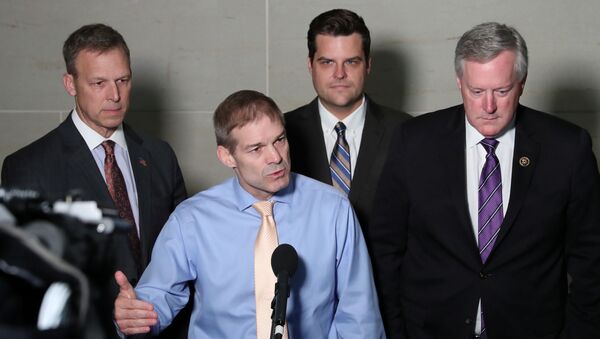 U.S. Representative Jim Jordan (R-OH) leads fellow Republicans, including Rep. Scott Perry (R-PA), Rep. Matt Gaetz (R-FL) and Rep. Mark Meadows (R-NC), as he speaks to reporters outside the House Intelligence Committee offices on Capitol Hill in Washington, U.S. October 8, 2019 - Sputnik International