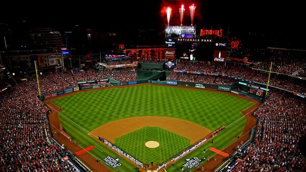 Oct 25, 2019; Washington, DC, USA; An overall view of the stadium during the nation anthem befoire game three between the Houston Astros and the Washington Nationals of the 2019 World Series at Nationals Park. - Sputnik International