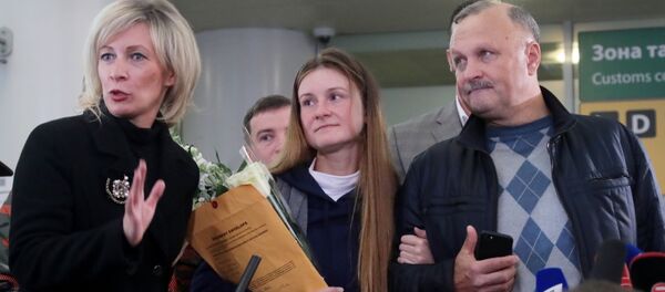 Russian Foreign Ministry's spokeswoman Maria Zakharova, convicted Russian agent Maria Butina, who was released from a Florida prison and then deported by U.S. immigration officials, and her father Valery Butin speaks to the media upon Butina's arrival at Sheremetyevo International Airport outside Moscow, Russia. Russian Foreign Ministry's spokeswoman Maria Zakharova, convicted Russian agent Maria Butina, who was released from a Florida prison and then deported by U.S. immigration officials, and her father Valery Butin speaks to the media upon Butina's arrival at Sheremetyevo International Airport outside Moscow, Russia. - Sputnik International