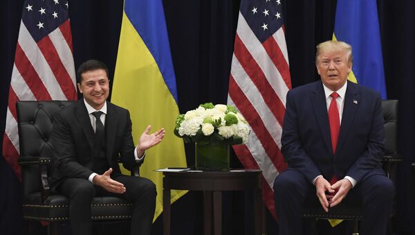 US President Donald Trump and Ukrainian President Volodymyr Zelensky speak during a meeting in New York on September 25, 2019, on the sidelines of the United Nations General Assembly. - Sputnik International