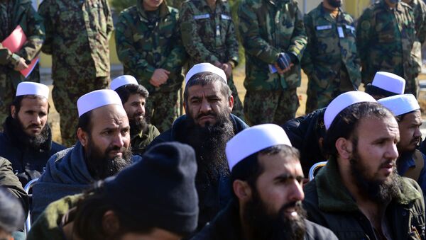 Released Taliban prisoners sit on chairs as they listen during a ceremony in Pul-e-Charkhi jail on the outskirts of Kabul on January 4, 2013 - Sputnik International