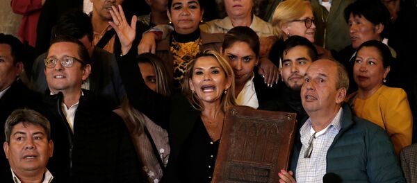 Bolivian Senator Jeanine Anez gestures as she poses for a picture after she declared herself as Interim President of Bolivia, at the Presidential Palace, in La Paz, Bolivia November 12, 2019 - Sputnik International