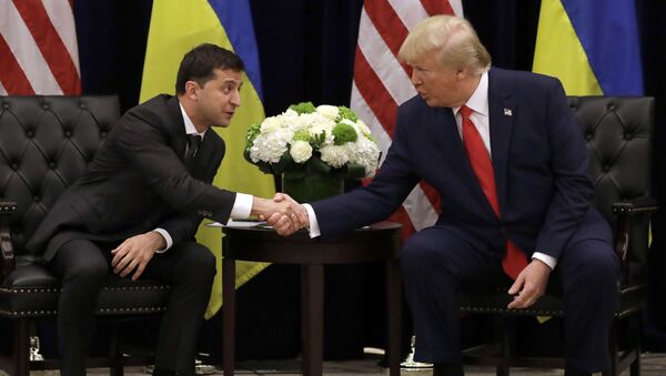 FILE - In this Sept. 25, 2019, file photo, President Donald Trump meets with Ukrainian President Volodymyr Zelenskiy at the InterContinental Barclay New York hotel during the United Nations General Assembly in New York. From the moment he was elected, Zelenskiy pushed for an Oval Office meeting with President Donald Trump - Sputnik International