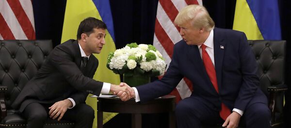 FILE - In this Sept. 25, 2019, file photo, President Donald Trump meets with Ukrainian President Volodymyr Zelenskiy at the InterContinental Barclay New York hotel during the United Nations General Assembly in New York. From the moment he was elected, Zelenskiy pushed for an Oval Office meeting with President Donald Trump - Sputnik International