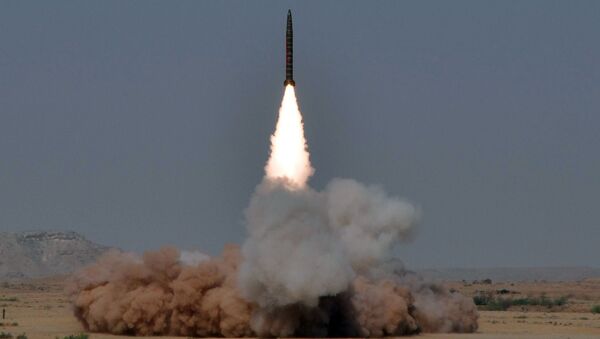 In this hand out picture released by the Inter Services Public Relations (ISPR) on May 8, 2010, a Hatf IV (Shaheen 1) medium-range nuclear-capable ballistic missile is launched from an undisclosed location in Pakistan - Sputnik International