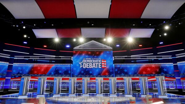 The set and ten podiums for the next U.S. Democratic presidential candidates' debate are seen the day before the debate at the Tyler Perry Studios in Atlanta, Georgia, U.S. November 19, 2019. - Sputnik International