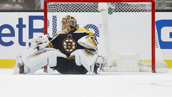 Nov 12, 2019; Boston, MA, USA; Boston Bruins goaltender Tuukka Rask (40) reacts after giving up the winning goal to Florida Panthers center Mike Hoffman (not pictured) during the shootout at TD Garden - Sputnik International