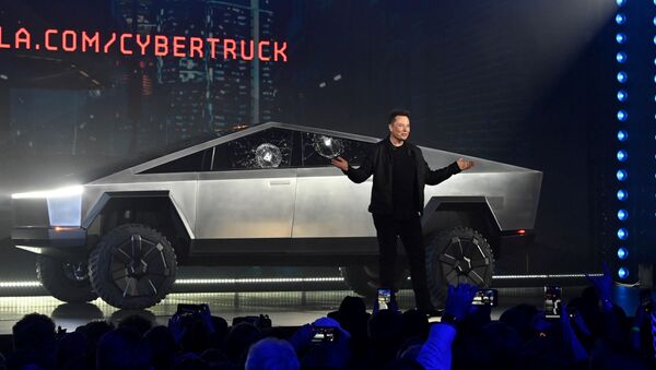Nov 21, 2019;  Hawthorne, CA, U.S.A; Tesla CEO Elon Musk unveils the Cybertruck at the TeslaDesign Studio in Hawthorne, Calif.  - Sputnik International