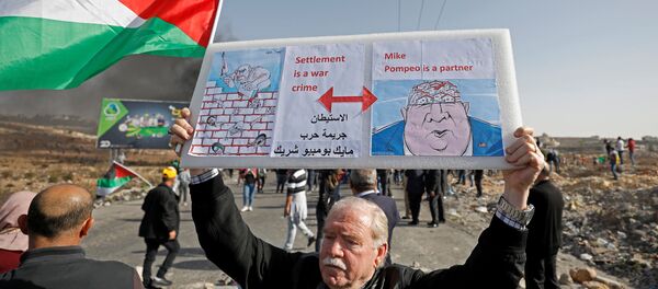 A demonstrator holds a sign during a protest as Palestinians call for a day of rage over U.S. decision on Jewish settlements, near the Jewish settlement of Beit El in the Israeli-occupied West Bank November 26, 2019. - Sputnik International