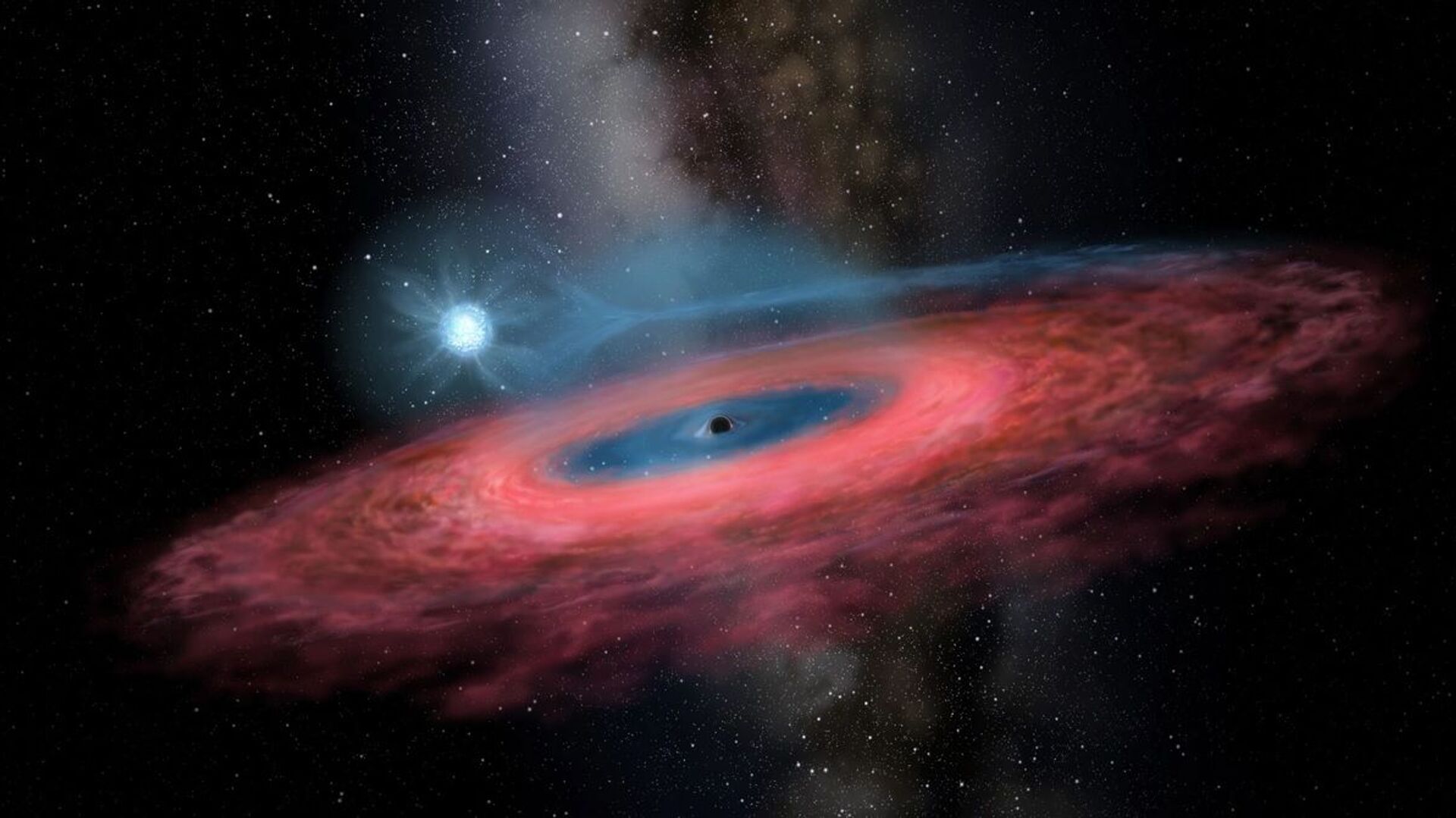 Figure LB-1: Accretion of gas onto a stellar black hole from its blue companion star, through a truncated accretion disk (Artist impression) - Sputnik International, 1920, 15.09.2023