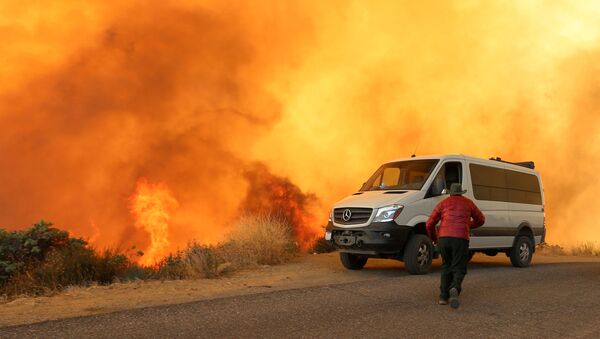 A man rushes to move his van as flames approach from a wildfire dubbed the Cave Fire, burning in the hills of Santa Barbara, California, US, November 26, 2019.  - Sputnik International