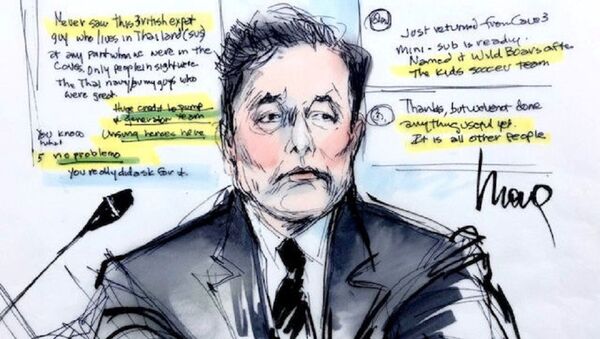 Courtroom sketch shows Elon Musk during the trial in a defamation case filed by British cave diver Vernon Unsworth, who is suing the Tesla chief executive for calling him a pedo guy in one of a series of tweets, in Los Angeles, California, U.S., December 4, 2019 - Sputnik International