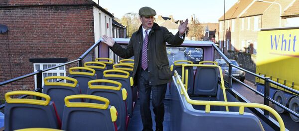 Brexit Party leader Nigel Farage on the party's campaign bus while on the General Election campaign trail in Worksop, England, Tuesday, 3 December 2019 Brexit Party leader Nigel Farage on the party's campaign bus while on the General Election campaign trail in Worksop, England, Tuesday, 3 December 2019 - Sputnik International