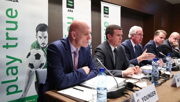 WADA Director, Intelligence and Investigations, Gunter Younger, WADA President-Elect, Witold Banka, WADA President, Sir Craig Reedie, WADA Director General, Olivier Niggli and Chair of the CRC, Jonathan Taylor QC attend a news conference after World Anti-Doping Agency's extraordinary Executive Committee (ExCo) meeting that has banned Russian athletes from all major sporting events in the next four years, in Lausanne, Switzerland, December 9, 2019 - Sputnik International
