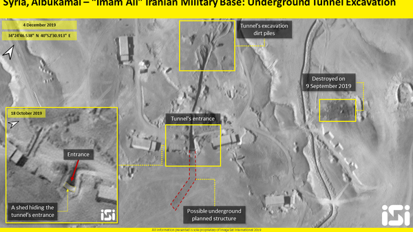 Satellite images showing an alleged Iranian tunnel on a military base near the border crossing in Syria's Boukamal region, near the Iraqi border, on December 10, 2019 - Sputnik International
