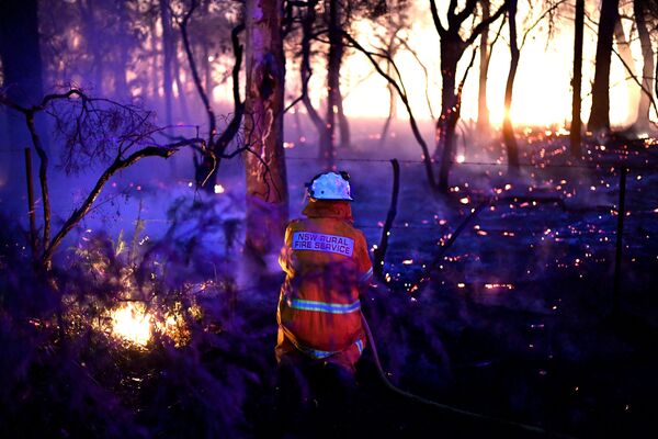 This photo taken on December 7, 2019 shows a firefighter conducting backburning measures to secure residential areas from encroaching bushfires at the Mangrove area, some 90-110 kilometres north of Sydney - Sputnik International