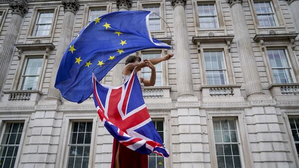 An anti-Brexit demonstrator whirls an EU and Union Flag during a demonstration against the British government's move to suspend parliament in the final weeks before Brexit outside Downing Street in London on August 31, 2019. - Sputnik International