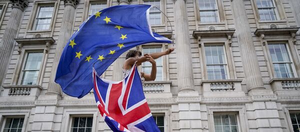 An anti-Brexit demonstrator whirls an EU and Union Flag during a demonstration against the British government's move to suspend parliament in the final weeks before Brexit outside Downing Street in London on August 31, 2019. An anti-Brexit demonstrator whirls an EU and Union Flag during a demonstration against the British government's move to suspend parliament in the final weeks before Brexit outside Downing Street in London on August 31, 2019. - Sputnik International