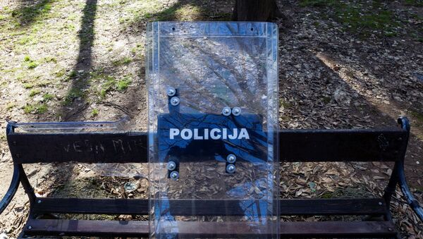 A police shield near the parliament in Podgorica, Montenegro - Sputnik International