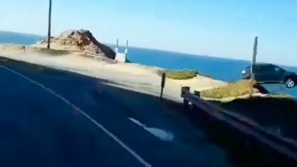 Dashcam footage shared by California's San Mateo County Sheriff's Office shows a dark-colored vehicle driving off a cliff on State Route 1. - Sputnik International