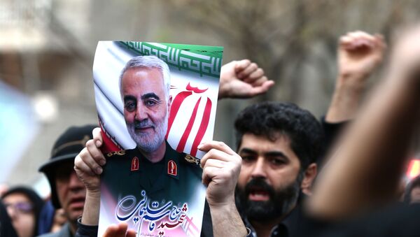 Iranian demonstrators chant slogans during a demonstration decrying the assassination of Iranian Major-General Qassem Soleimani, head of the elite Quds Force, and Iraqi militia commander Abu Mahdi al-Muhandis, who were killed in a US air strike on Baghdad airport, in front of United Nation office in Tehran, Iran, 3 January 2020. - Sputnik International