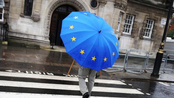 A person holds up a European flag umbrella on a rainy day in London, Britain, December 20, 2019. - Sputnik International