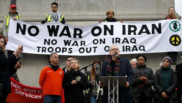 Britain's Labour Party leader Jeremy Corbyn speaks during a protest to oppose the threat of war with Iran, in London, Britain January 11, 2020. - Sputnik International