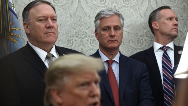 U.S. President Donald Trump speaks as Secretary of State Mike Pompeo, and National Security Adviser Robert O'Brien listen during a meeting with Guatemalan President Jimmy Morales - Sputnik International