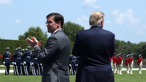 ARLINGTON, VA - JULY 25: U.S. President Donald Trump (R) and Secretary of Defense Dr. Mark Esper (L) inspect the troops during a full honors welcome ceremony on the parade grounds at the Pentagon, on July 25, 2019 in Arlington, Virginia. Earlier this week Esper was sworn in as the 27th Secretary of Defense - Sputnik International