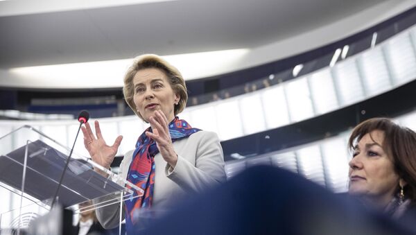 European Commission President Ursula von der Leyen delivers her speech at the European parliament Tuesday, Jan.14, 2020 in Strasbourg, eastern France. - Sputnik International