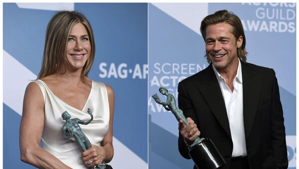 This combination photo shows Jennifer Aniston with the award for outstanding performance by a female actor in a drama series for The Morning Show, left, and Brad Pitt with the award for outstanding performance by a male actor in a supporting role for Once Upon a Time in Hollywood at the 26th annual Screen Actors Guild Awards at the Shrine Auditorium & Expo Hall on Sunday, Jan. 19, 2020, in Los Angeles. (Photos by Jordan Strauss/Invision/AP) - Sputnik International