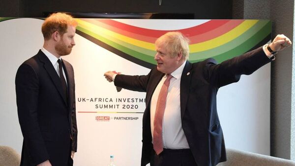 Britain's Prince Harry and Prime Minister Boris Johnson, left, at the UK Africa Investment Summit in London, Monday 20 January 2020. Boris Johnson is hosting 54 African heads of state or government in London. - Sputnik International