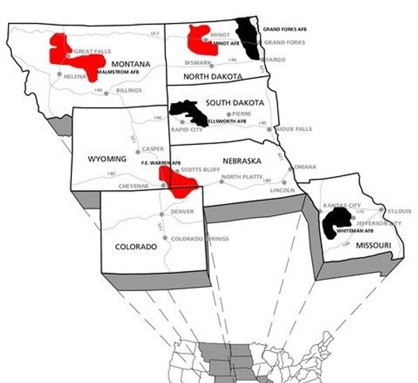 Minuteman missile launch sites, red marking current sites, black marking sites which have been closed down. Map courtesy of the US National Parks Service. - Sputnik International