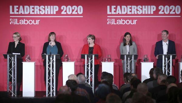 From left, Labour Members of Parliament, Rebecca Long-Bailey, Jess Phillips, Emily Thornberry, Lisa Nandy and Keir Starmer stand on the stage, during the first Labour leadership hustings at the ACC Liverpool, in Liverpool, England, Saturday, Jan. 18, 2020.  - Sputnik International