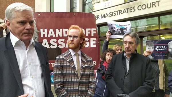 Kristinn Hrafnsson, Joseph Farrell and John Rees outside Westminster Magistrates Court 23 January 2020 - Sputnik International