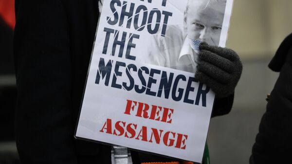 A demonstrator supporting Julian Assange holds a banner outside Westminster Magistrates Court in London, Thursday, Jan. 23, 2020 - Sputnik International