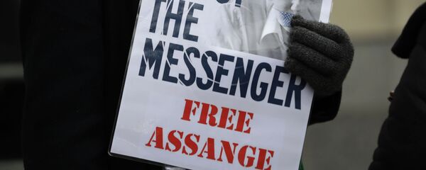 A demonstrator supporting Julian Assange holds a banner outside Westminster Magistrates Court in London, Thursday, Jan. 23, 2020 A demonstrator supporting Julian Assange holds a banner outside Westminster Magistrates Court in London, Thursday, Jan. 23, 2020 - Sputnik International
