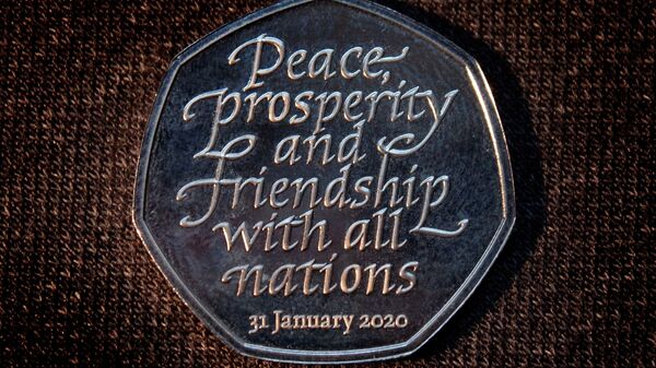 Brexit commemorative 50 pence coin that bears the words Peace, prosperity and friendship with all nations is pictured in an unknown location and uploaded to social media on January 26, 2020 - Sputnik International